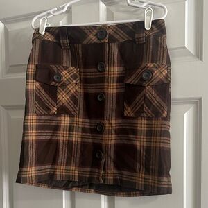LOFT Brown and Tan Plaid Button-Front Mini Skirt